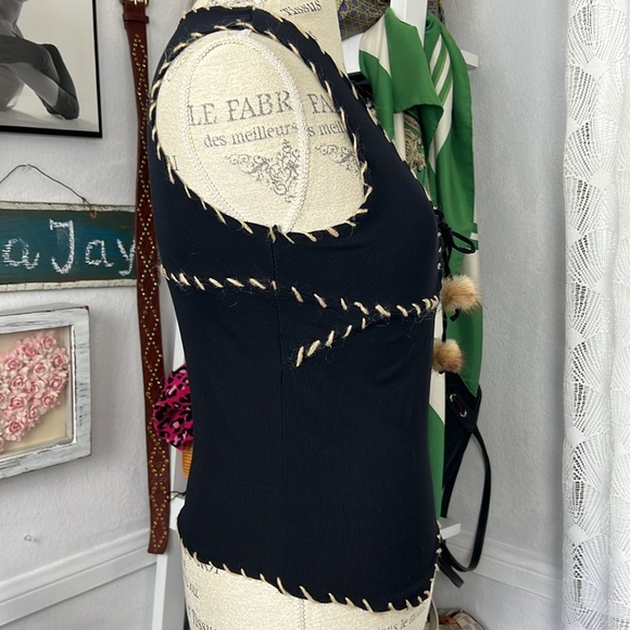 Roberto Cavalli black top with fur stitched edges and fur details sz.L vintage - Picture 8 of 12